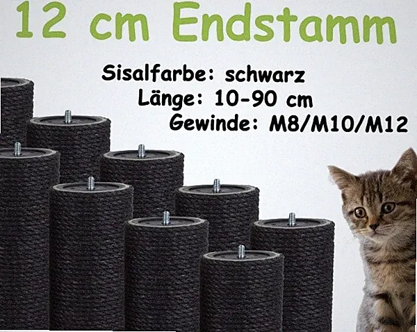 12 cm Endsisalstamm, Ersatzstamm für Kratzbaum, 10-90 cm (M8/M10/M12)(Schwarz)