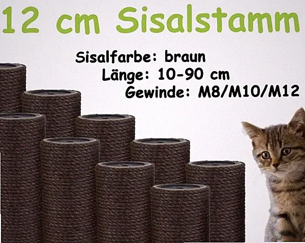 12 cm Sisalstamm, Ersatzstamm für Kratzbaum, 10-90 cm (M8/M10/M12)(Braun)