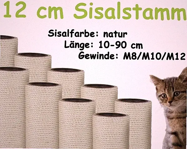 12 cm Sisalstamm, Ersatzstamm für Kratzbaum, 10-90 cm (M8/M10/M12)(Natur)
