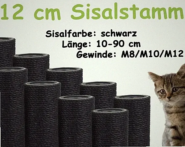12 cm Sisalstamm, Ersatzstamm für Kratzbaum, 10-90 cm (M8/M10/M12)(Schwarz)