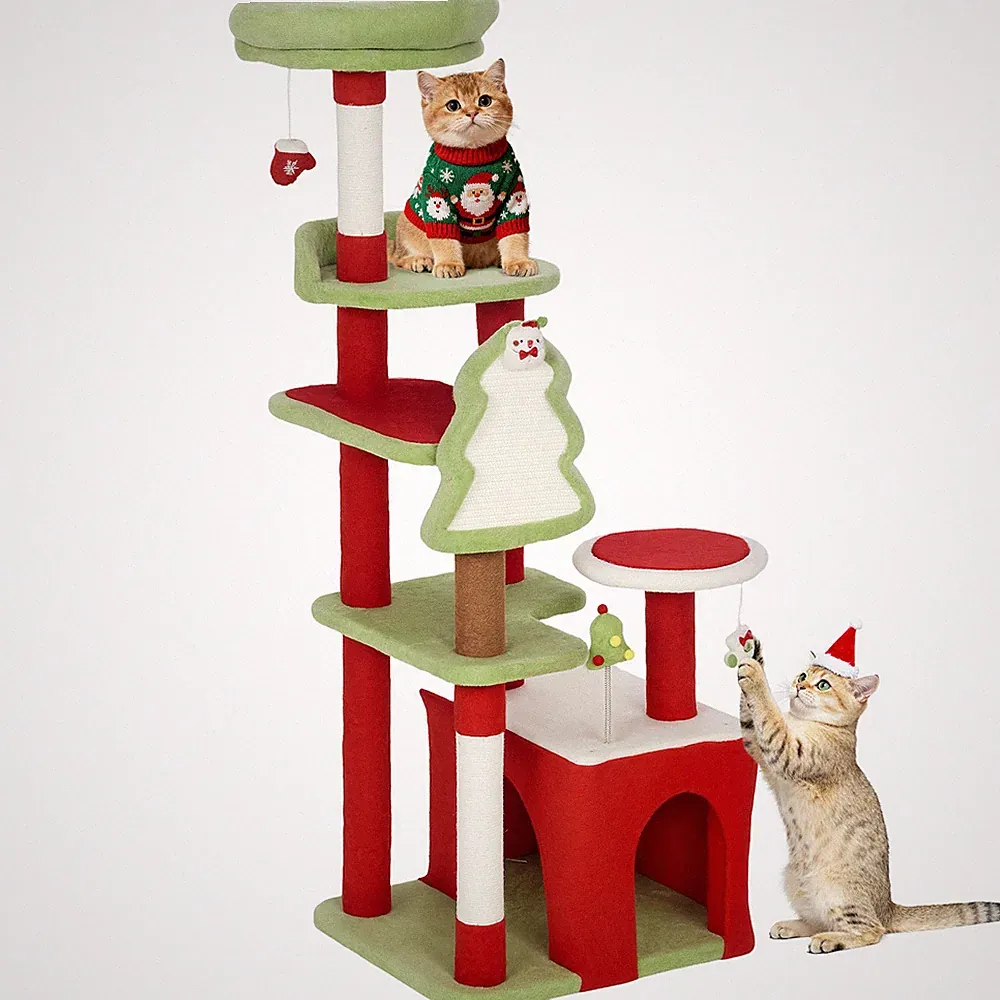 120 cm Kratzbaum, weihnachtlicher Katzenturm mit 3 Sisal-Kratzbäumen, grün