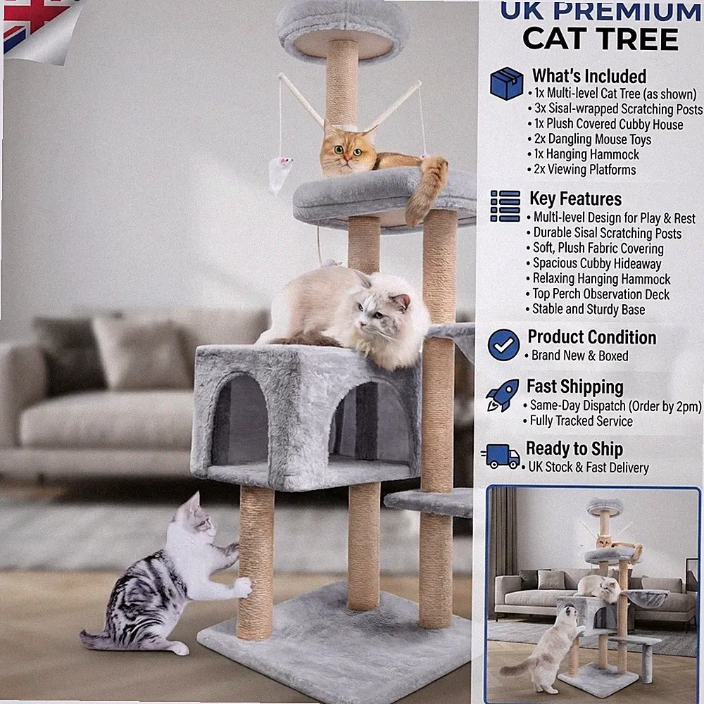 145 cm weicher Plüsch Katzenbaum Turm mit 5 Ebenen und Kratzbaum in grau
