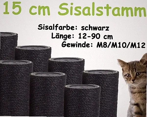 15 cm Sisalstamm, Ersatzstamm für Kratzbaum, 12-90 cm (M8/M10/M12)(Schwarz)