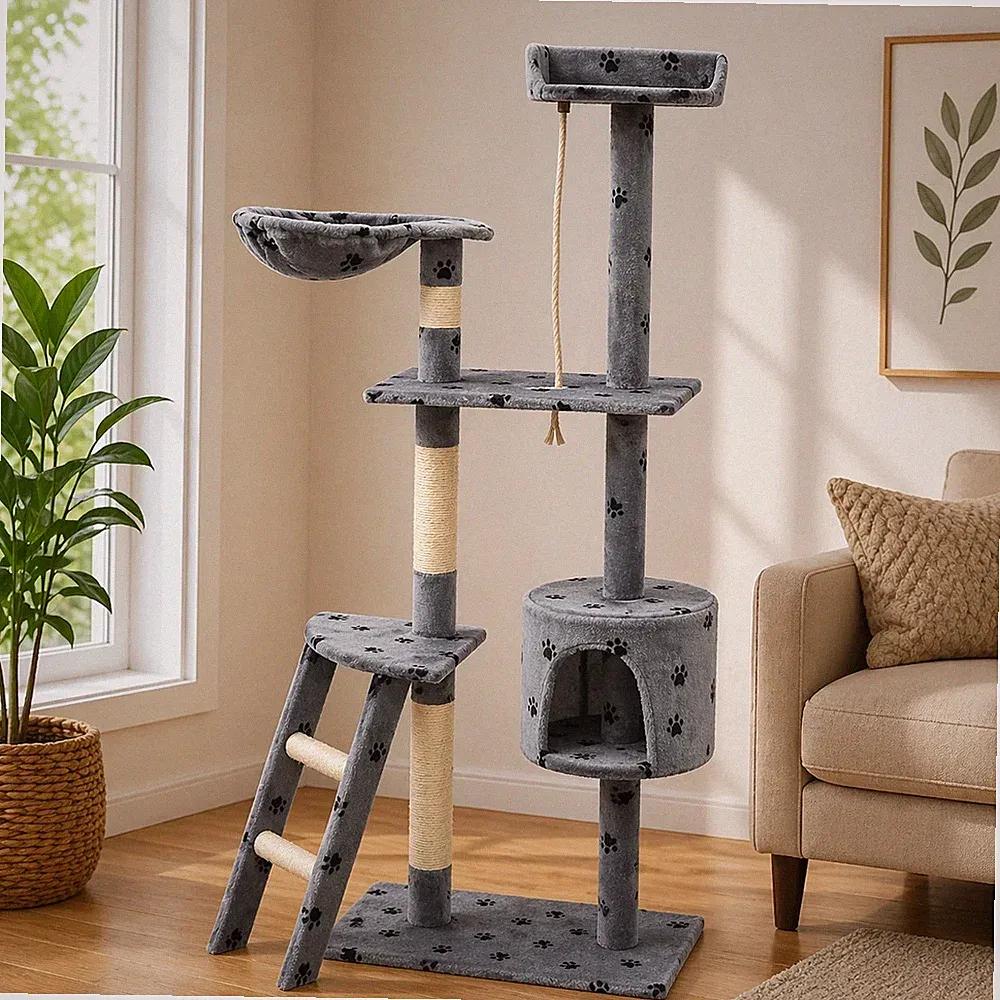 150cm Katzen Kratzbaum Sisal Katzenbaum Spielturm Kletterbaum Grau Pfoten