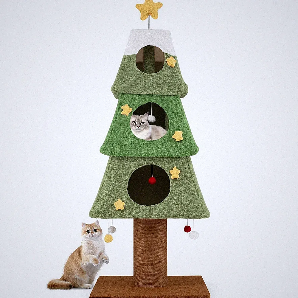 160 cm süßer Katzenturm mit 3 Eigentumswohnungen und Sisal-Kratzbaum - grün & weiß