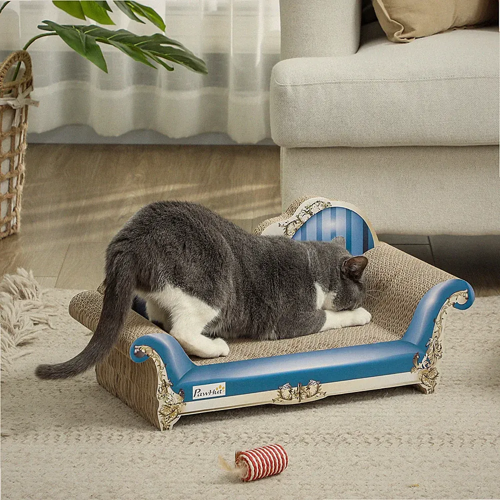 2-in-1 Katzenkratzer Papplounge, Katzenkratzbrett mit Katzenminze, blau