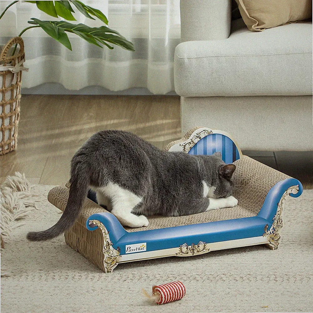 2-in-1 Katzenkratzer Papplounge, Katzenkratzbrett mit Katzenminze, blau