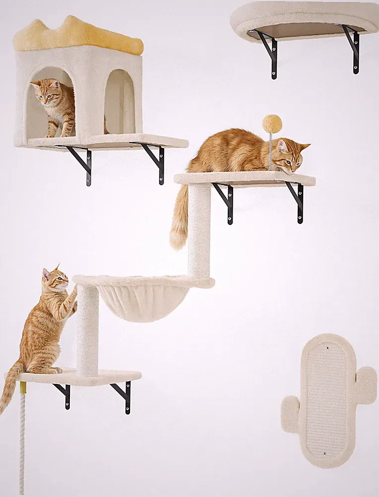 4 in 1 Katzen Wandmöbel Set mit Kratzbäumen, Beige | Wandmontage Cat Sh