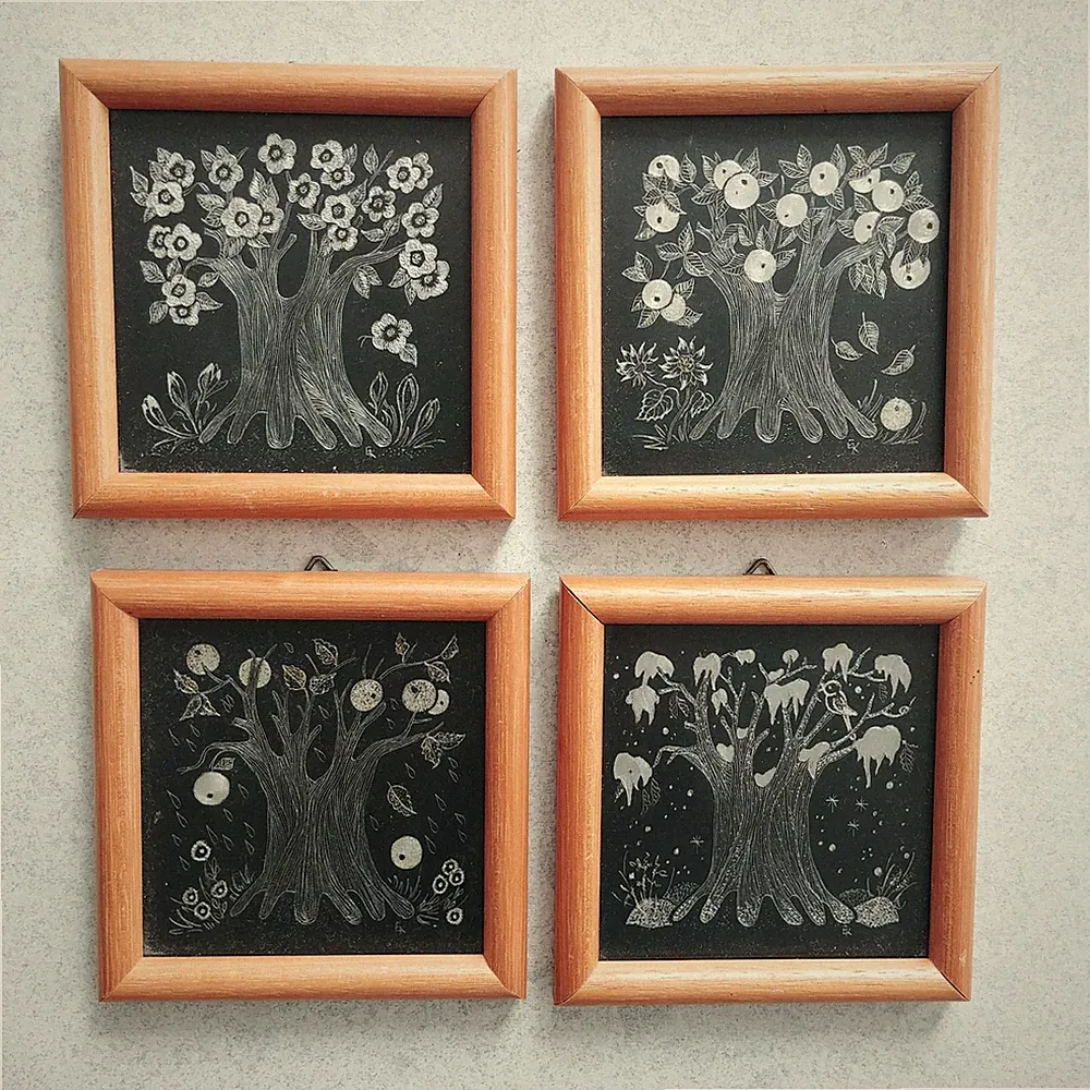 4 Jahreszeiten Bilder | Miniaturbilder Kratzbilder Kunsthandwerk mit Holzrahmen