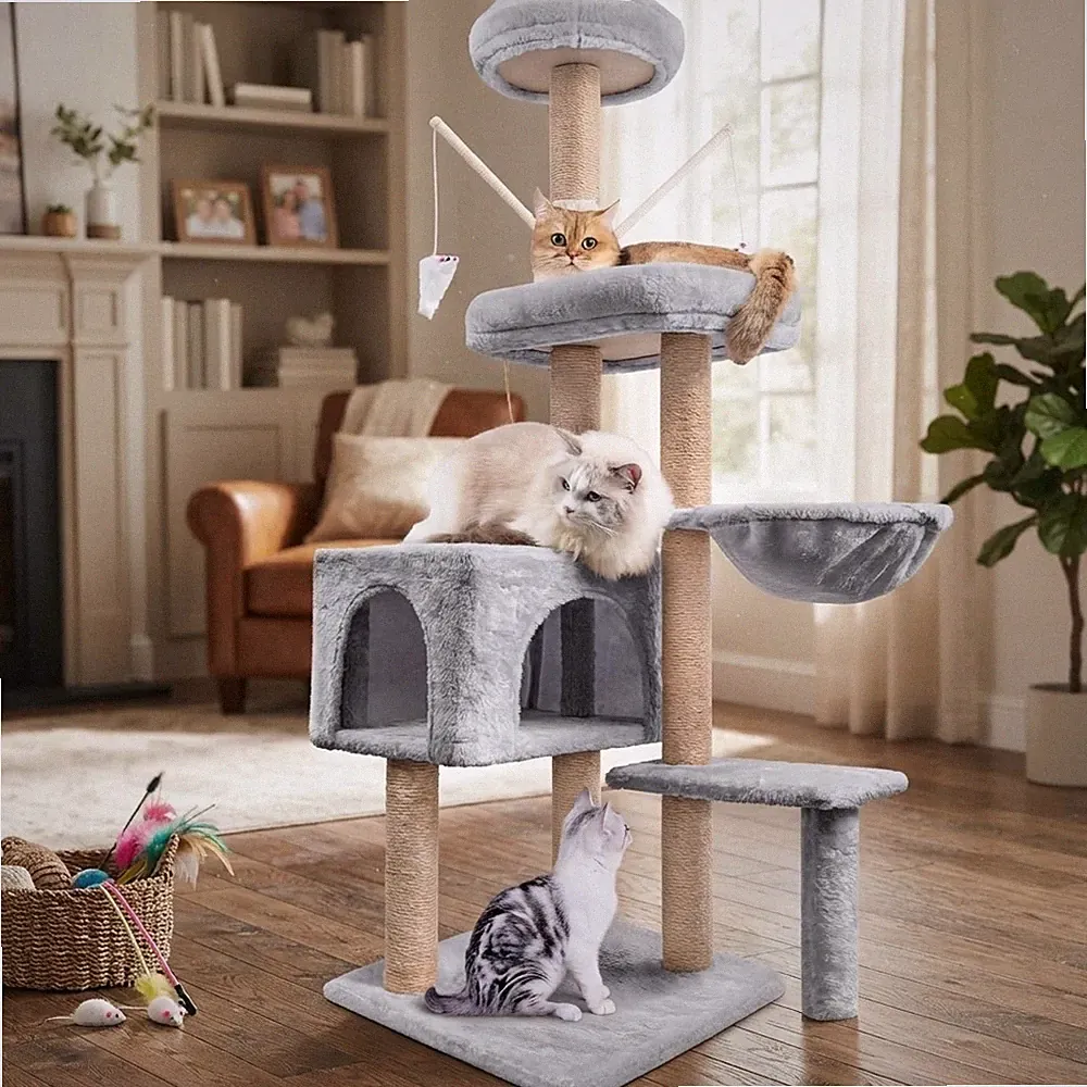 5-stufiger Indoor Katzenturm - stilvoller grauer Kratzbaum für Kätzchen und Katzen