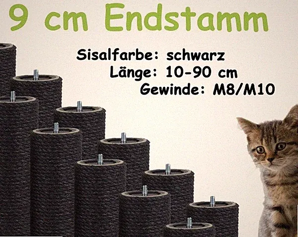 9 cm Endsisalstamm, Ersatzstamm für Kratzbaum, 10-90 cm (M8/M10)(Schwarz)