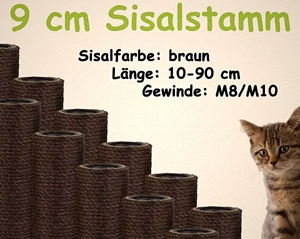 9 cm Sisalstamm, Ersatzstamm für Kratzbaum, 10-90 cm (M8/M10)(Braun)