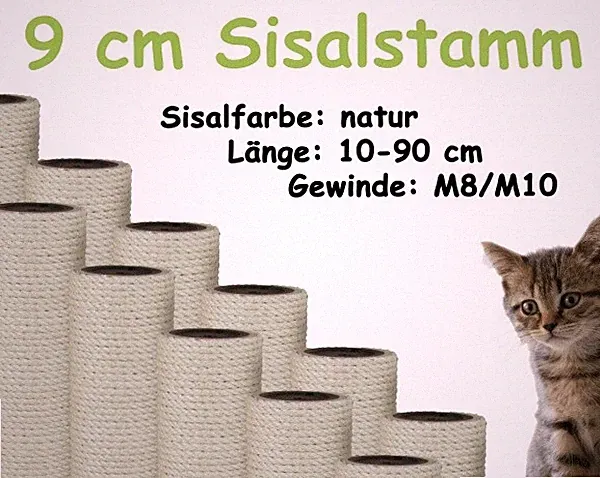 9 cm Sisalstamm, Ersatzstamm für Kratzbaum, 10-90 cm (M8/M10)(Natur)