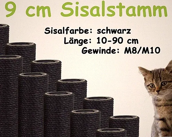9 cm Sisalstamm, Ersatzstamm für Kratzbaum, 10-90 cm (M8/M10)(Schwarz)