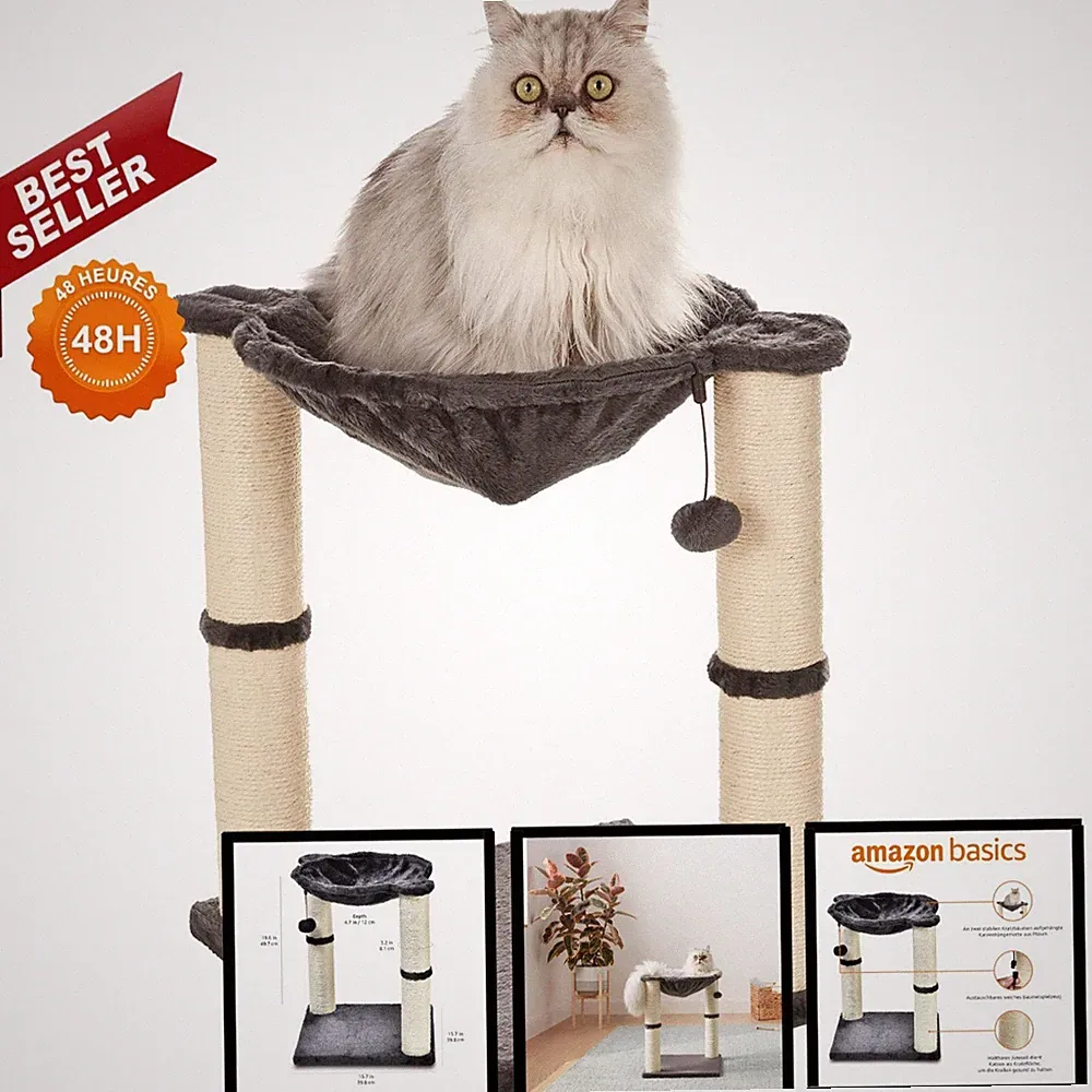 Amazon Basics Kratzbaum mit Haus, Hängematte und Kratzsäulen, Grau