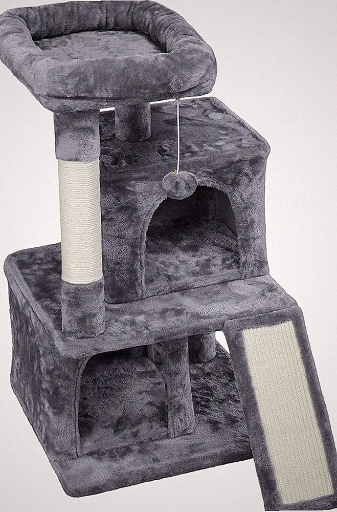 Basic 3-lagiger Katzenbaum Turm Katzenkratzbaum mit 2 Eigentumswohnungen/2 Sitzstangen/Sisal S
