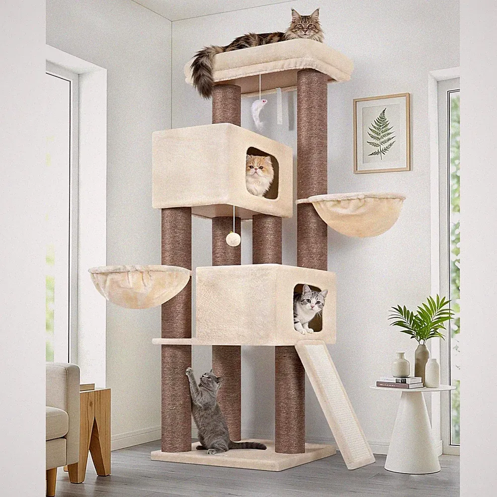 Beige Kratzbaum Dicke Stämme 11CM für Große Katzen mit 2 Extragroß Katzenhaus...