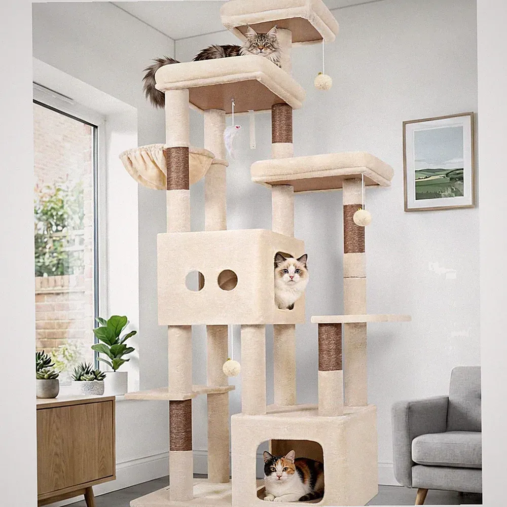 Beige Kratzbaum XXL für Große Katzen 203cm mit 2 Extragroße Höhle 45 * 40 * 3...