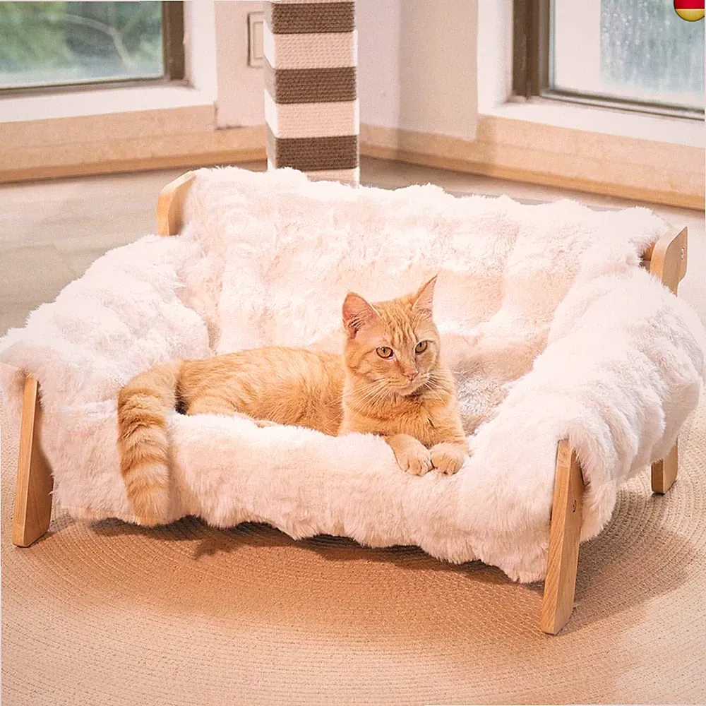 CheerPals Erhöhtes Katzenbett aus Buchenholz, 70x47cm Großes Katzensofa, K