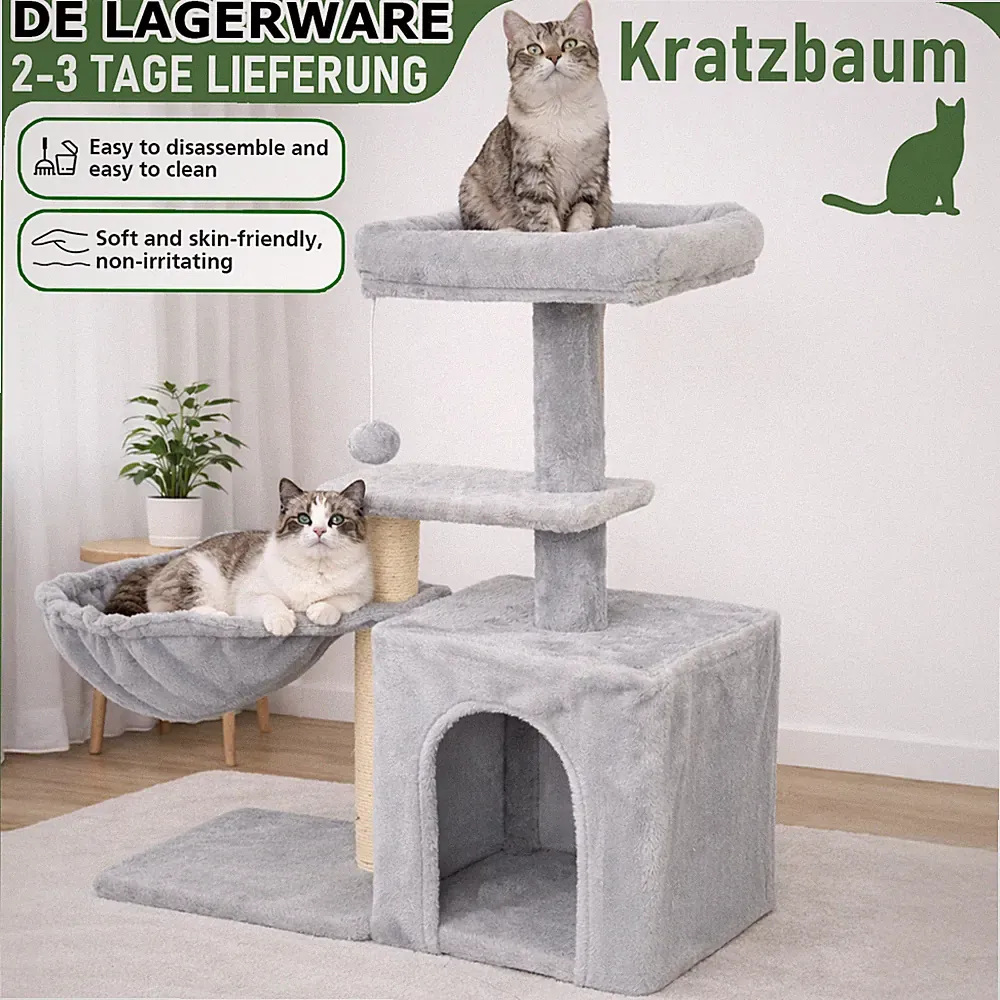 DE Lagerware Kratzbaum mit Plüsch, Sisalpfosten, Höhle oder Hängematte in Grau