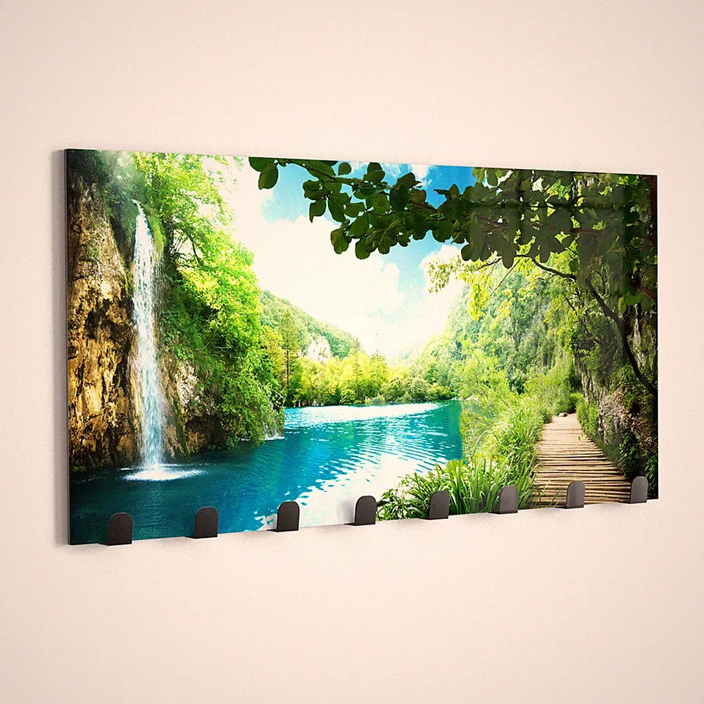 DEQORI Kleiderhaken Glas 60x30 cm 'Wasserfall im grünen Wald' Wand Garderobe