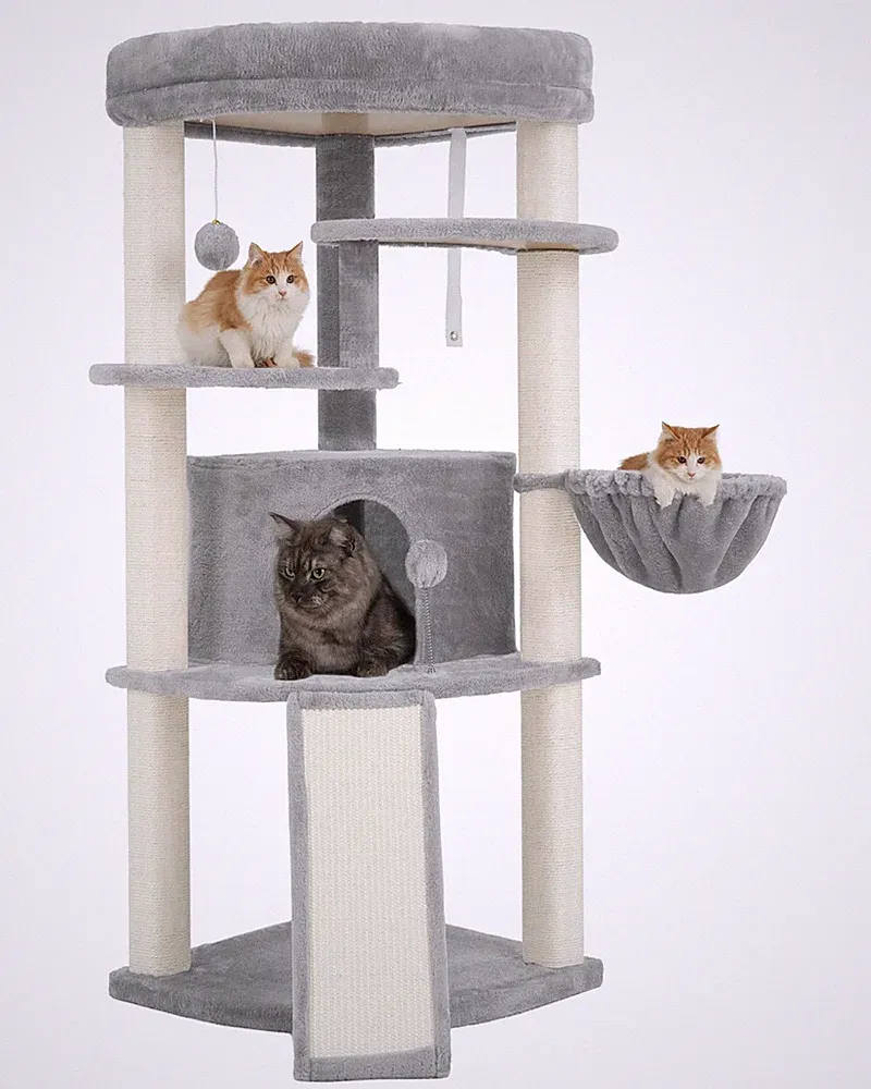 Eck-Kratzbaum Katzenbaum Mehrstöckig mit Sisalsäulen Katzenhöhle Korb Grau