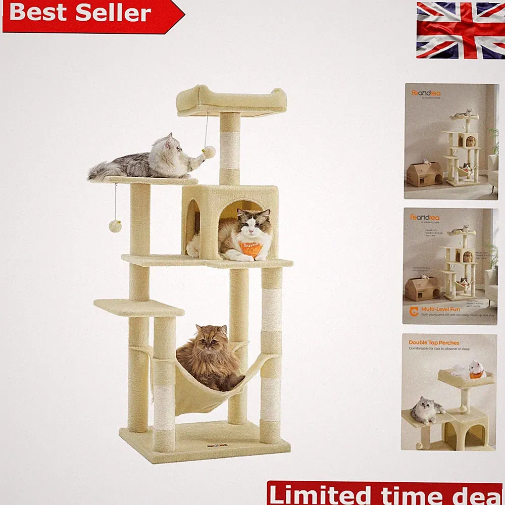 Eleganter 143 cm mehrstufiger Plüsch Katzenbaum mit 4 Kratzbäumen & 2 Sitzstangen