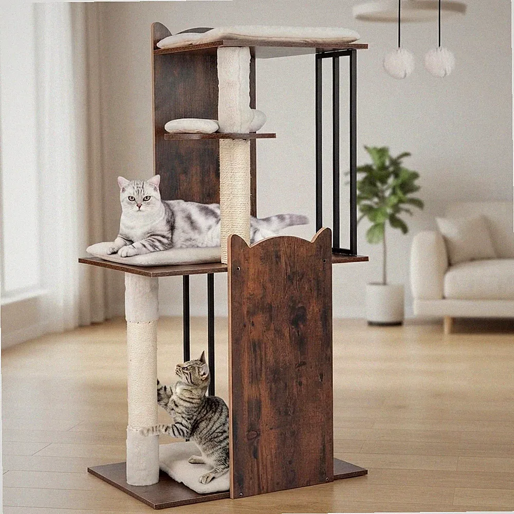 Eleganter mehrstufiger Katzenbaum 112 cm mit abnehmbaren Kissen und Kratzbäumen