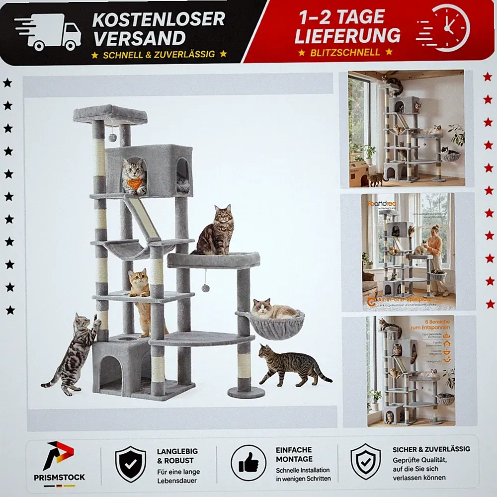Feandrea Kratzbaum 188 cm für große Katzen Hellgrau PCT016G101