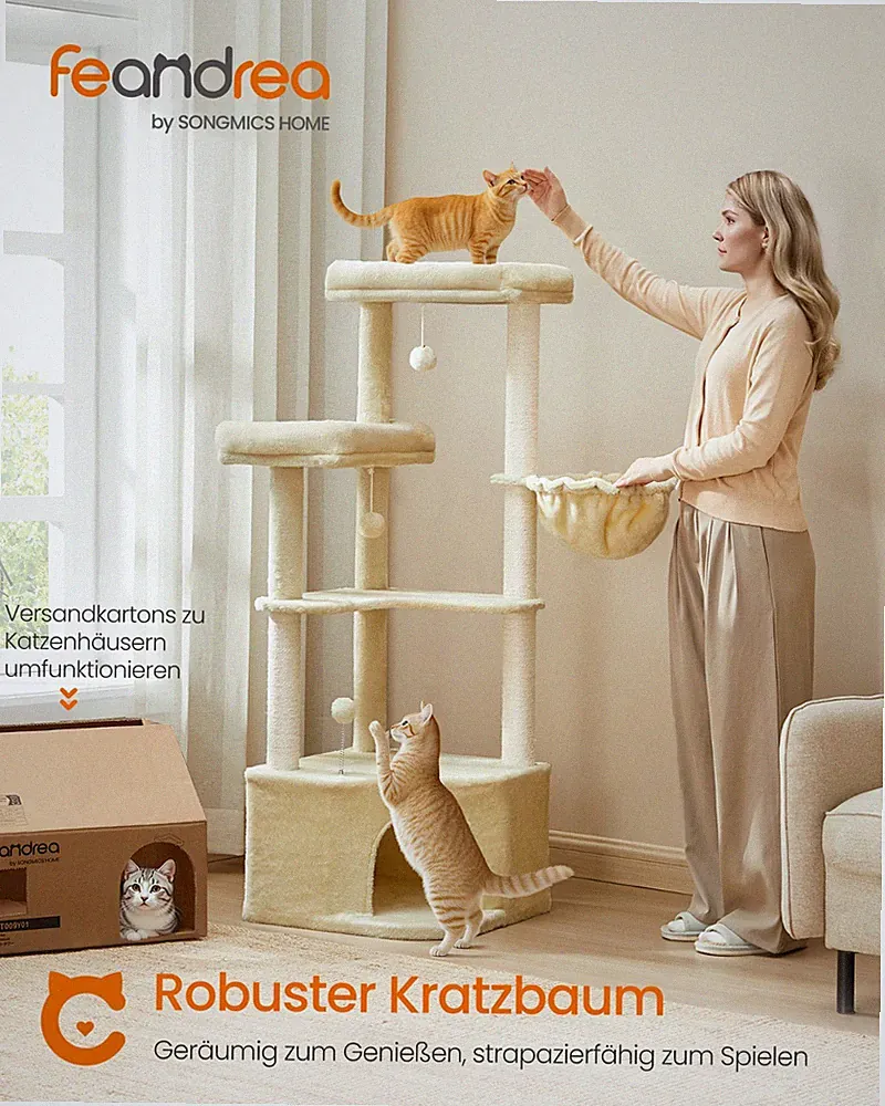 Feandrea Kratzbaum, Katzenbaum, großen Plattformen, Plüschbällen, Liegemulde