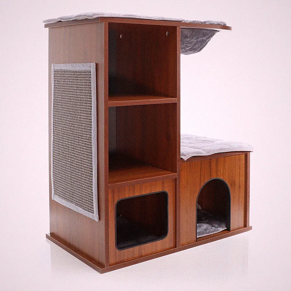 Fudajo Design Katzenspielhaus Holz braun Kratzbaum Katzenbaum Katzenmöbel Sisal