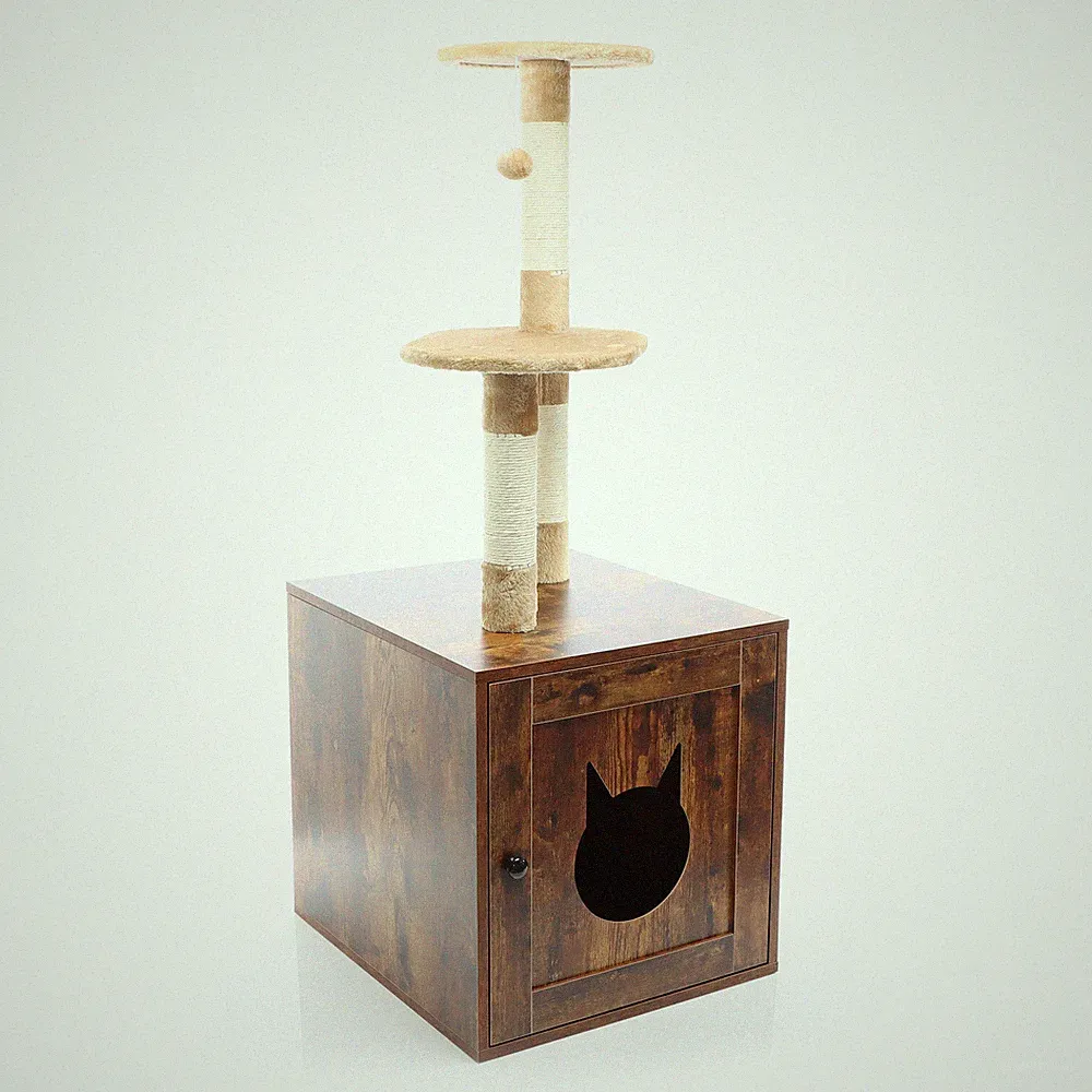 Fudajo Design Kratzbaum Holz vintagebraun 2in1 Kratzmöbel Katzenklo Katzenbaum
