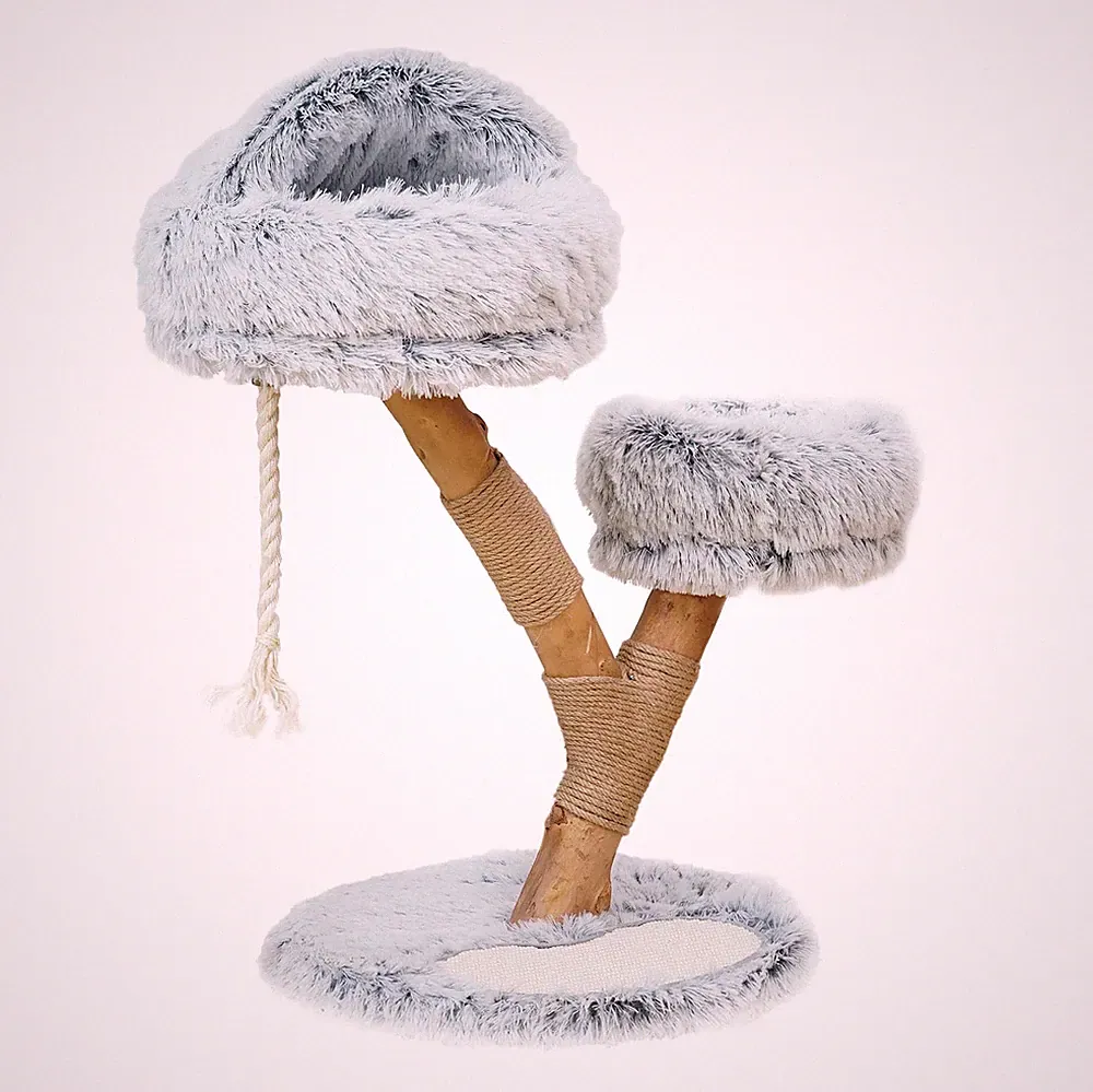 Fudajo Designer Kratzbaum Zweigdesign 80cm Plüsch Birnbaumholz Katzenkratzbaum