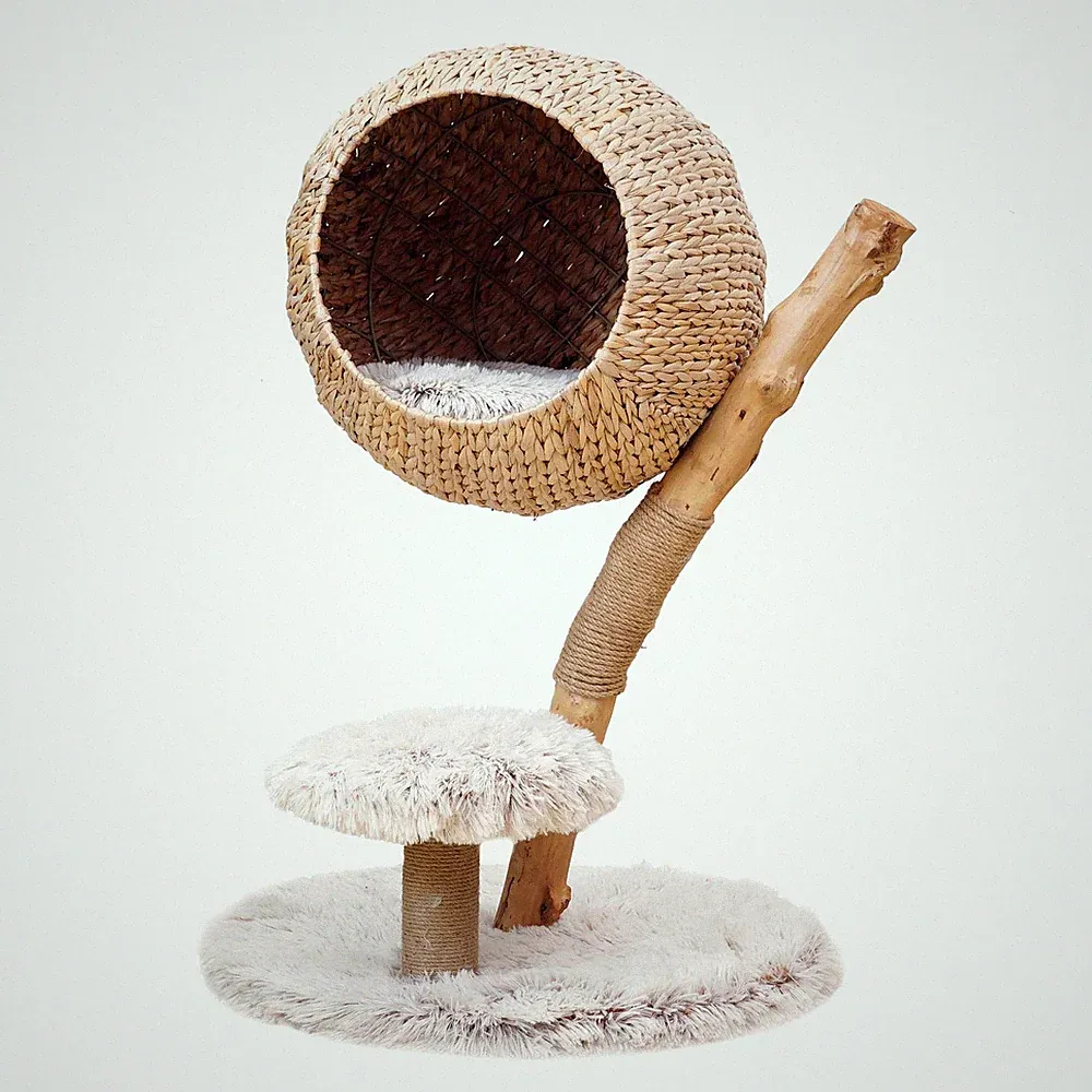 Fudajo Designer Kratzbaum Zweigdesign 83cm Liegekorb Plüsch Katzenkratzbaum Holz