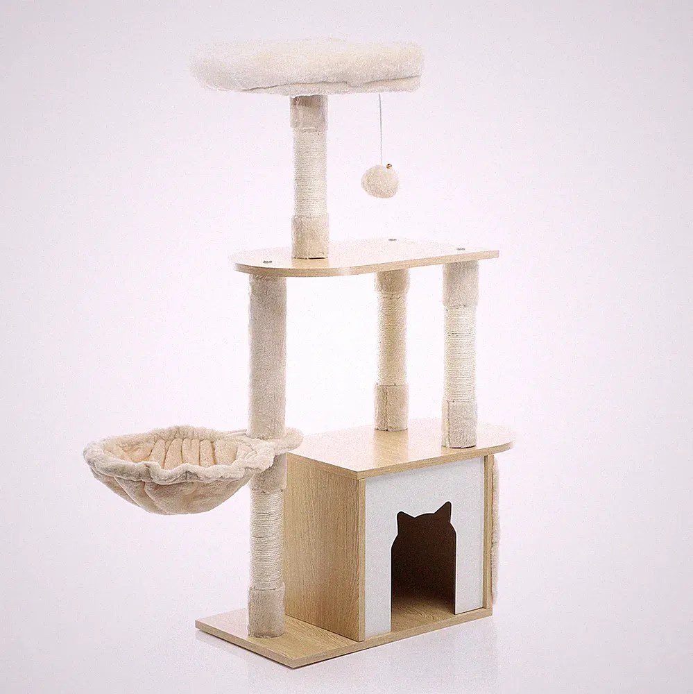 Fudajo Katzenkratzbaum Holz Beige 106 cm Kratzbaum Katzenhaus Kratzmöbel Katze