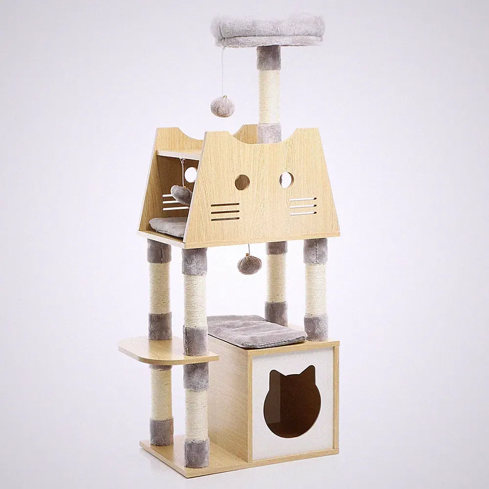 Fudajo Katzenkratzbaum Holz Grau 106 cm Kratzbaum Katzenhaus Kratzmöbel Katze