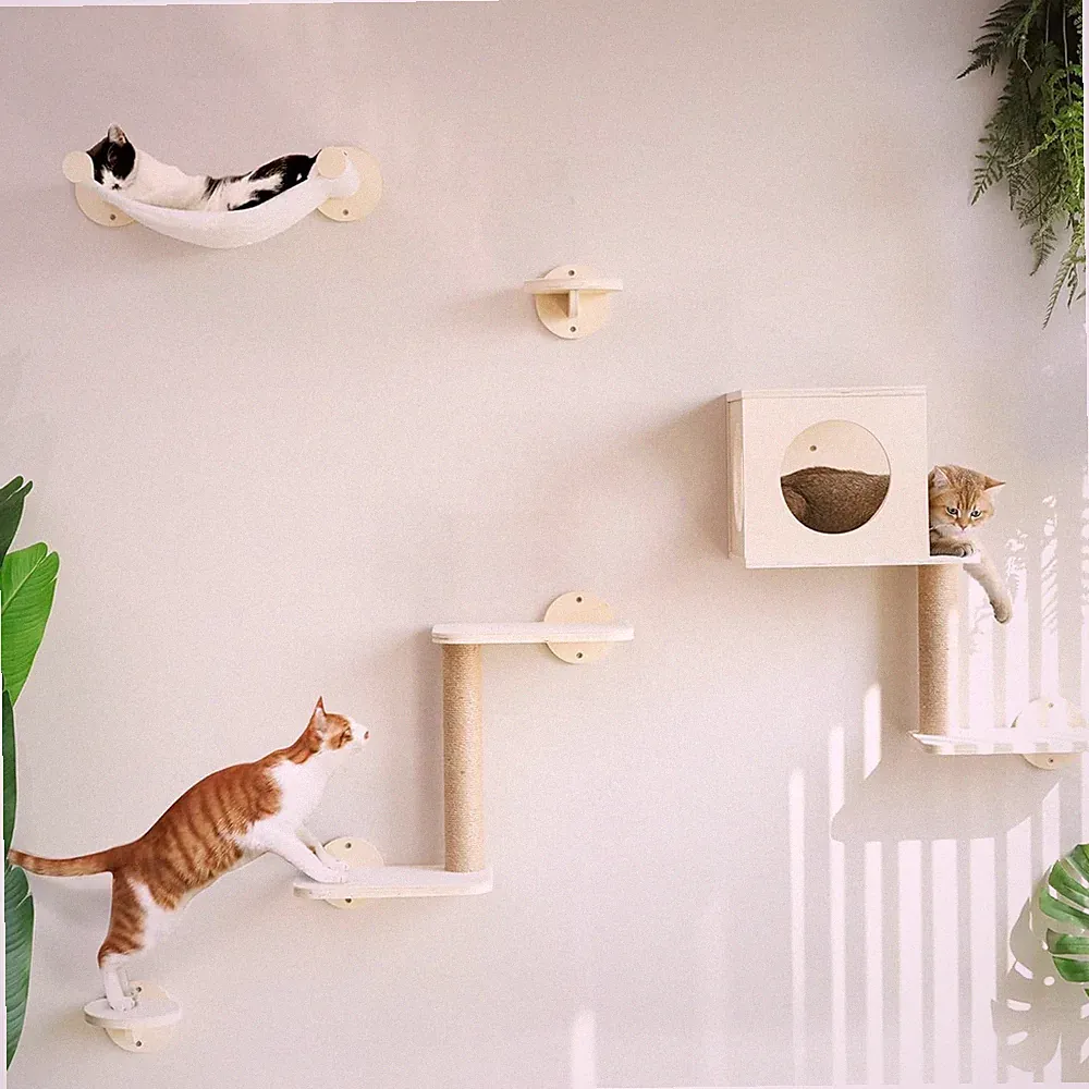 FUKUMARU 5-teiliges Katzen Wandregal Set Birke Hängematte Kratzbaum beige
