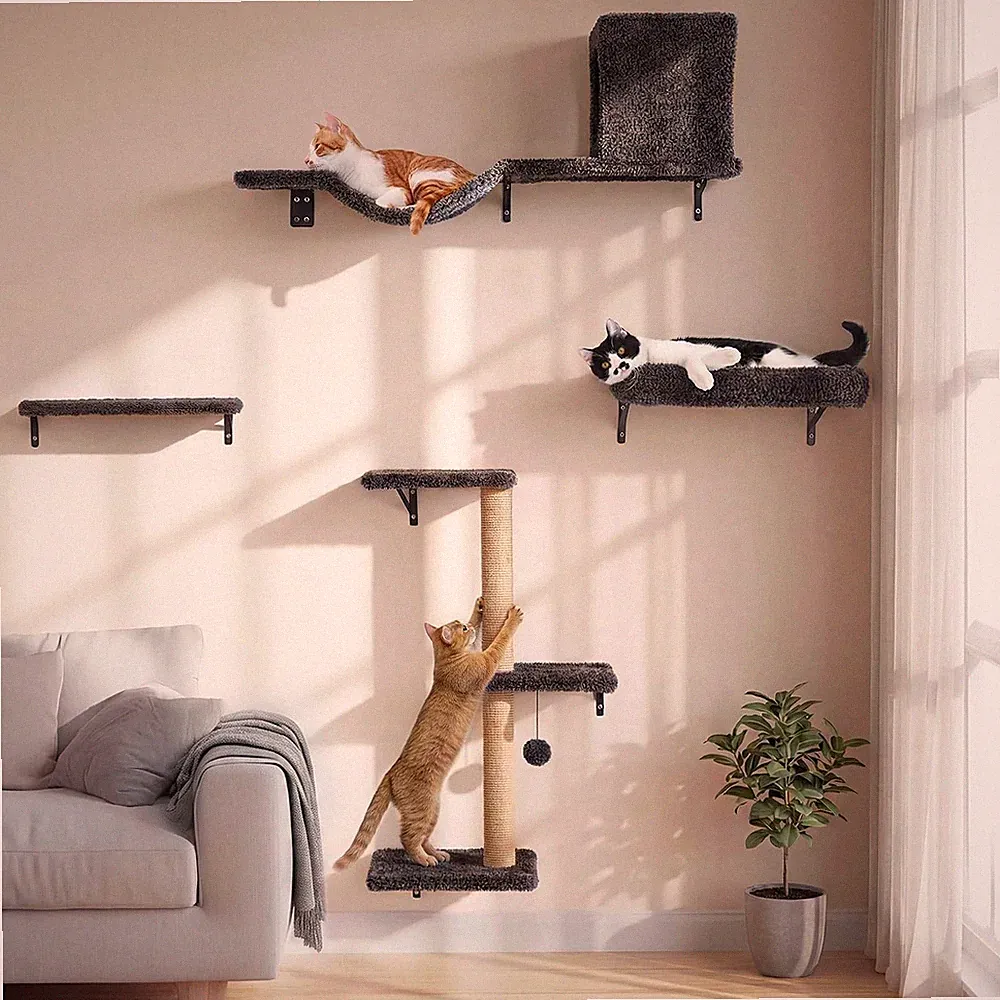 FUKUMARU Katzen Kletterwand Set 10-teilig Grau Multiplexplatte Häng
