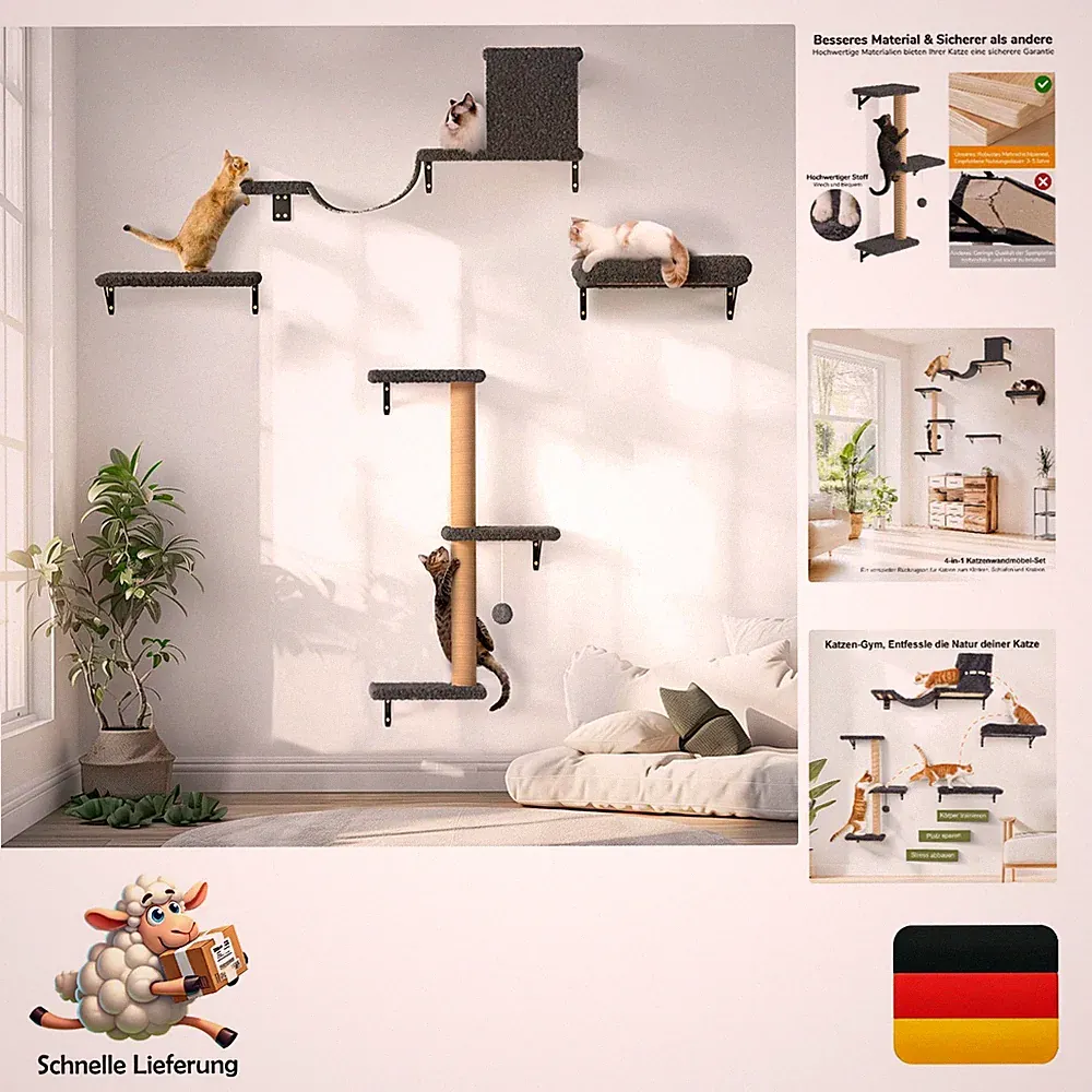 Fukumaru Katzen Kletterwand Set Grau 10-teilig Wandmöbel Katzenbaum mit Kratz...