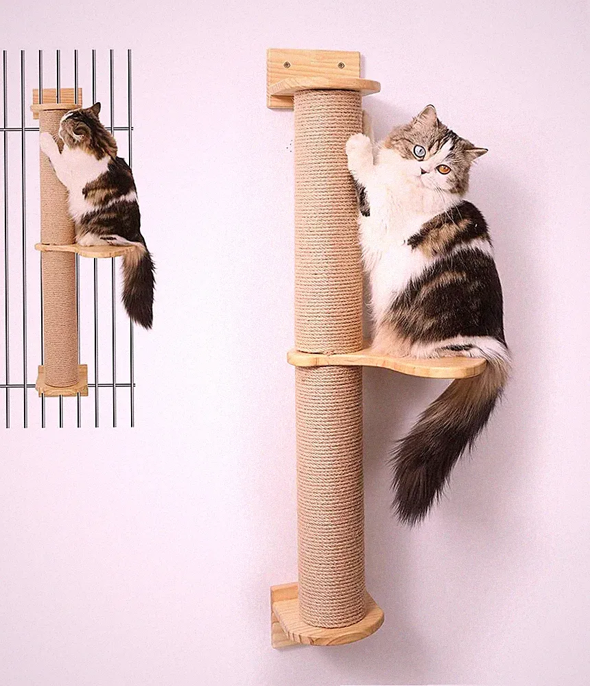 FUKUMARU Katzen Kratzbaum Wand, Wandmontiertes Katzenmöbel, aus Gummiholz, 93cm