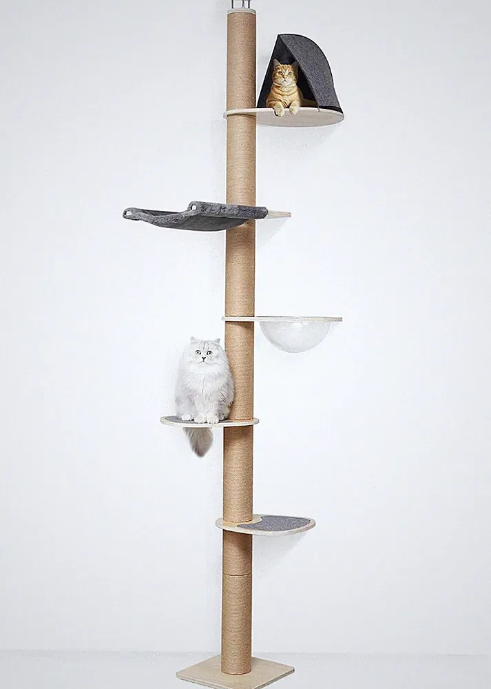 FUKUMARU Kratzbaum 6 Etagen Wandmontage Katzenmöbel Gummibaumholz grau 259-300