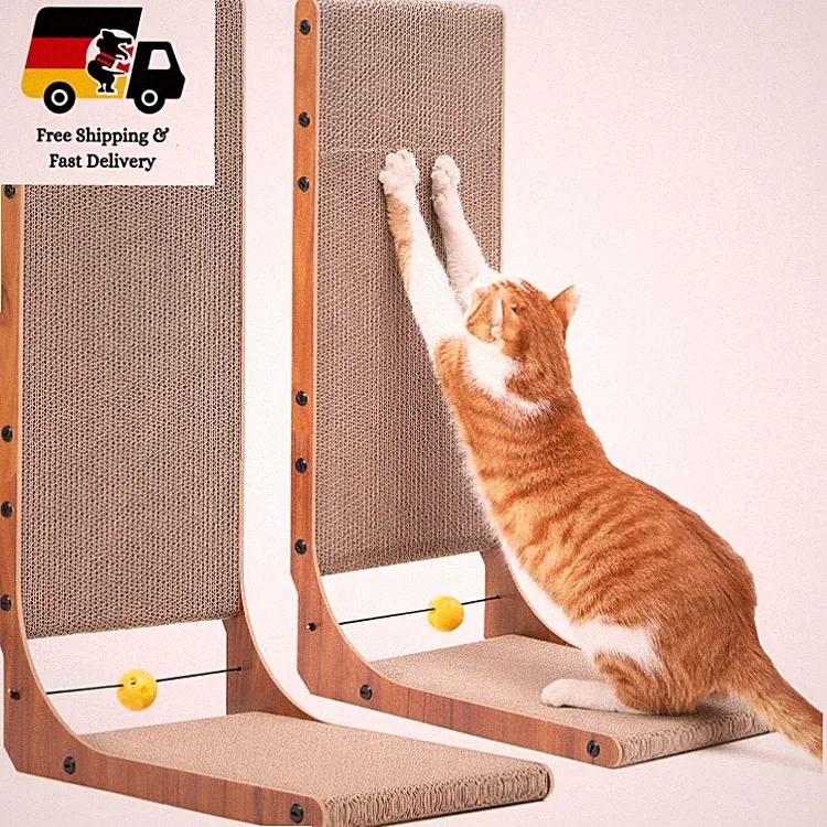 FUKUMARU Kratzbrett Katzen 2er Set, 68 cm L-Form Nussbaum mit Spielzeugball