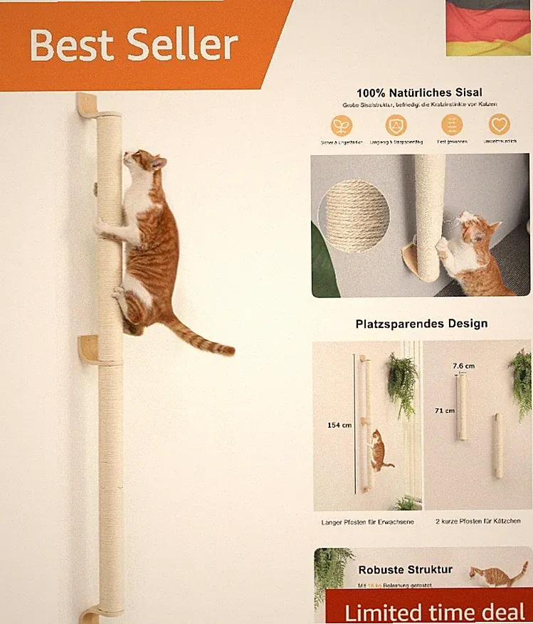 FUKUMARU Wandkratzsäule Katzen, 154 cm großer Kratzbaum zur Wandmontage, Stab...