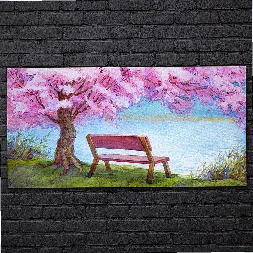 Gemälde Bank Baum Blumen Wasser Kunst 140x70 Glasbild Wandbilder Dekobild