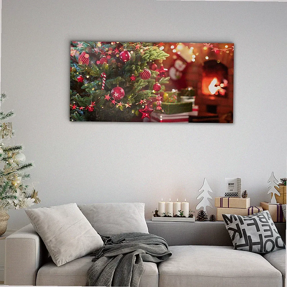 Glasbilder Wandbild Druck auf Glas 100x50 Weihnachtsbaum Sterne Kamin Geschenk