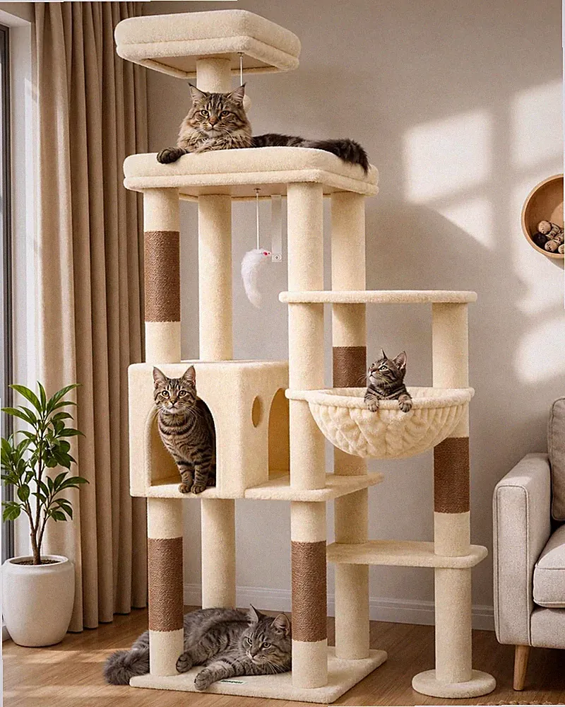 Globlazer Kratzbaum Beige Groß Katzen Hoch 167 cm mit Breit Plattform G