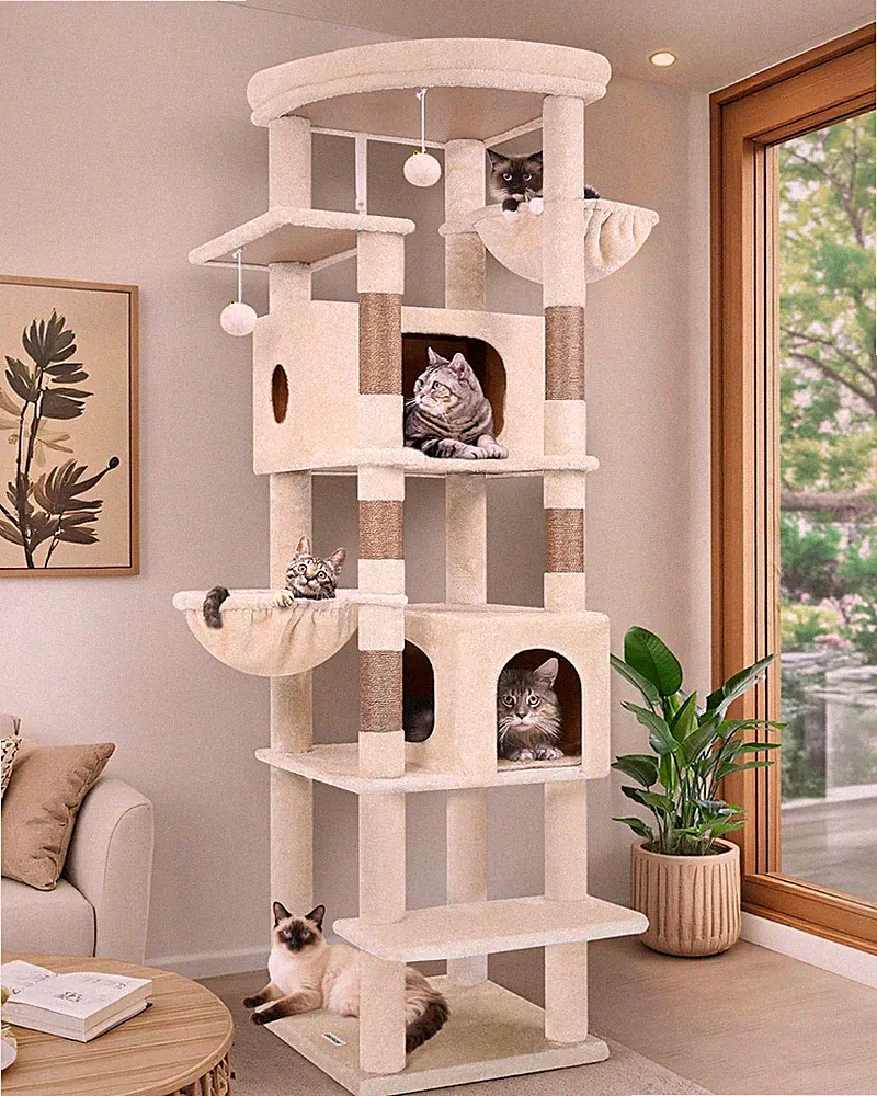 Globlazer Kratzbaum Beige Große hoch 188 cm mit 2 Großer Katzenhaus, Gepolsterte