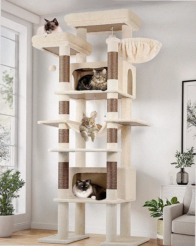 Globlazer Kratzbaum Beige Große XXL 213 cm Hoch mit 2 Große Katzenhaus