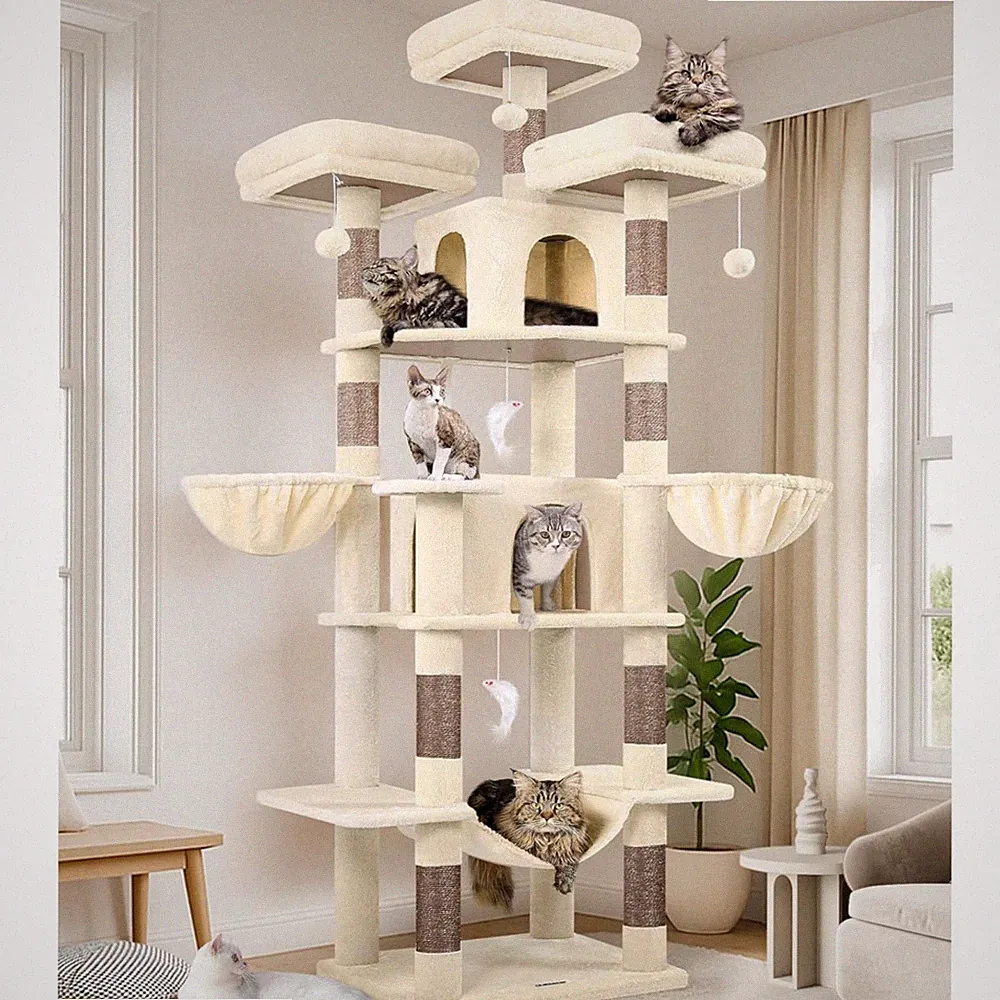 Globlazer Kratzbaum Beige Große XXL hoch 204 cm mit 3 Gepolsterte Sitzstangen...