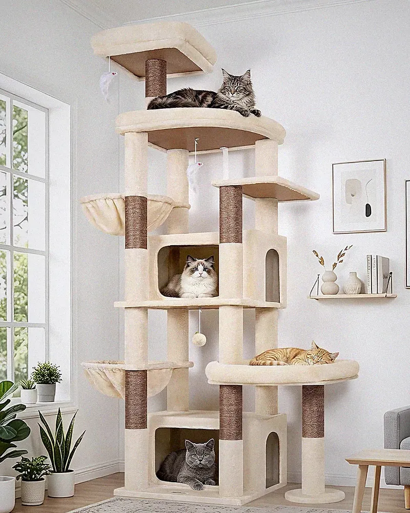 Globlazer Kratzbaum Beige XXL für Große Katzen 192 cm mit 2 Extragroß Höhle 50 *